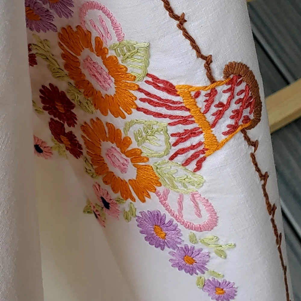 Vintage Handcrafted Needlepoint Flowers Table Runner, Crochet Edge, 37